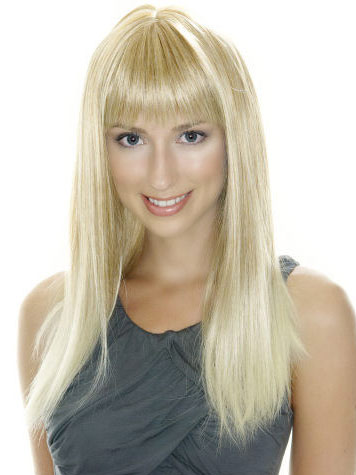 Long Sleek Straight Light Blonde Lace Wig with Full Bangs - Click Image to Close