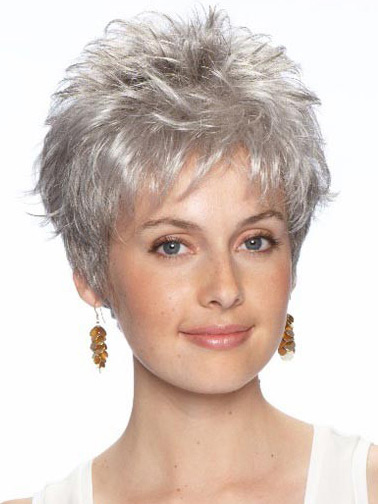 Short Layered Synthetic Lace Front Grey Wig - Click Image to Close