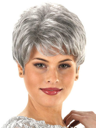 Sophisticated Layer Short Synthetic Capless Grey Wig - Click Image to Close