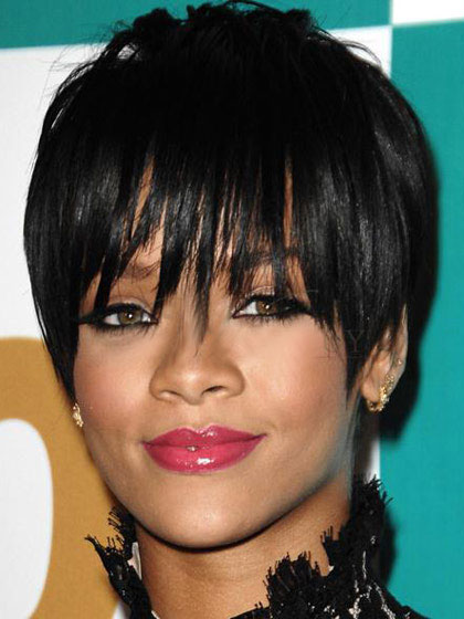 Rihanna Hairstyle Natural Black Short Straight Capless Wig - Click Image to Close