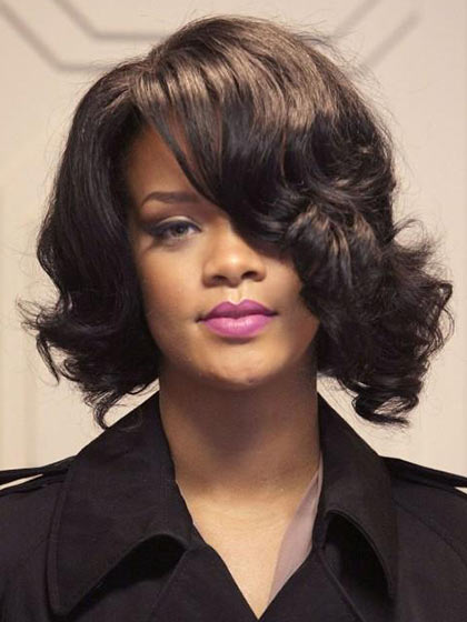 Cool Medium Wavy Rihanna Hairstyle Remy Human Hair Lace Front Wi - Click Image to Close